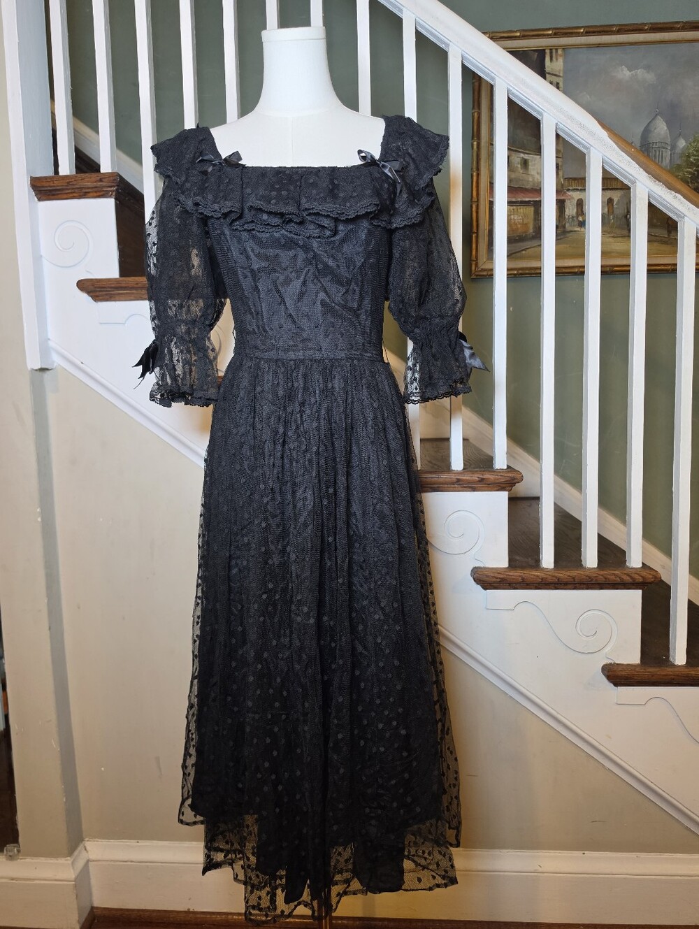 Vintage Womens Candi Jones Whimsigoth Romantic Lace Bow Embellished Dress